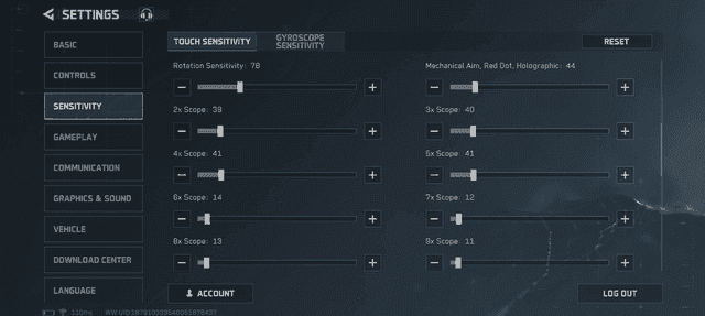 Delta Force mobile sensitivity and FOV settings screen