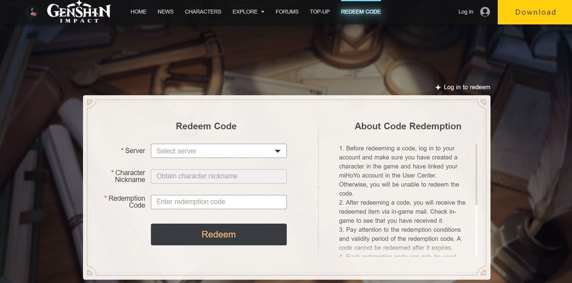 Genshin Impact official code redemption web portal interface showing server selection and code entry