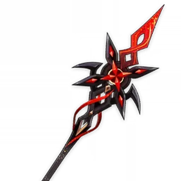 Crimson Moon's Semblance polearm weapon from Genshin Impact showing stats and design