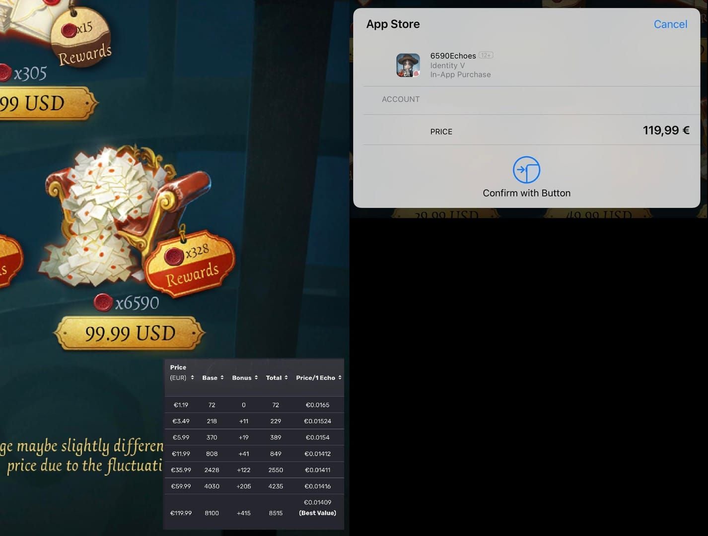 Identity V Echoes currency balance in player inventory