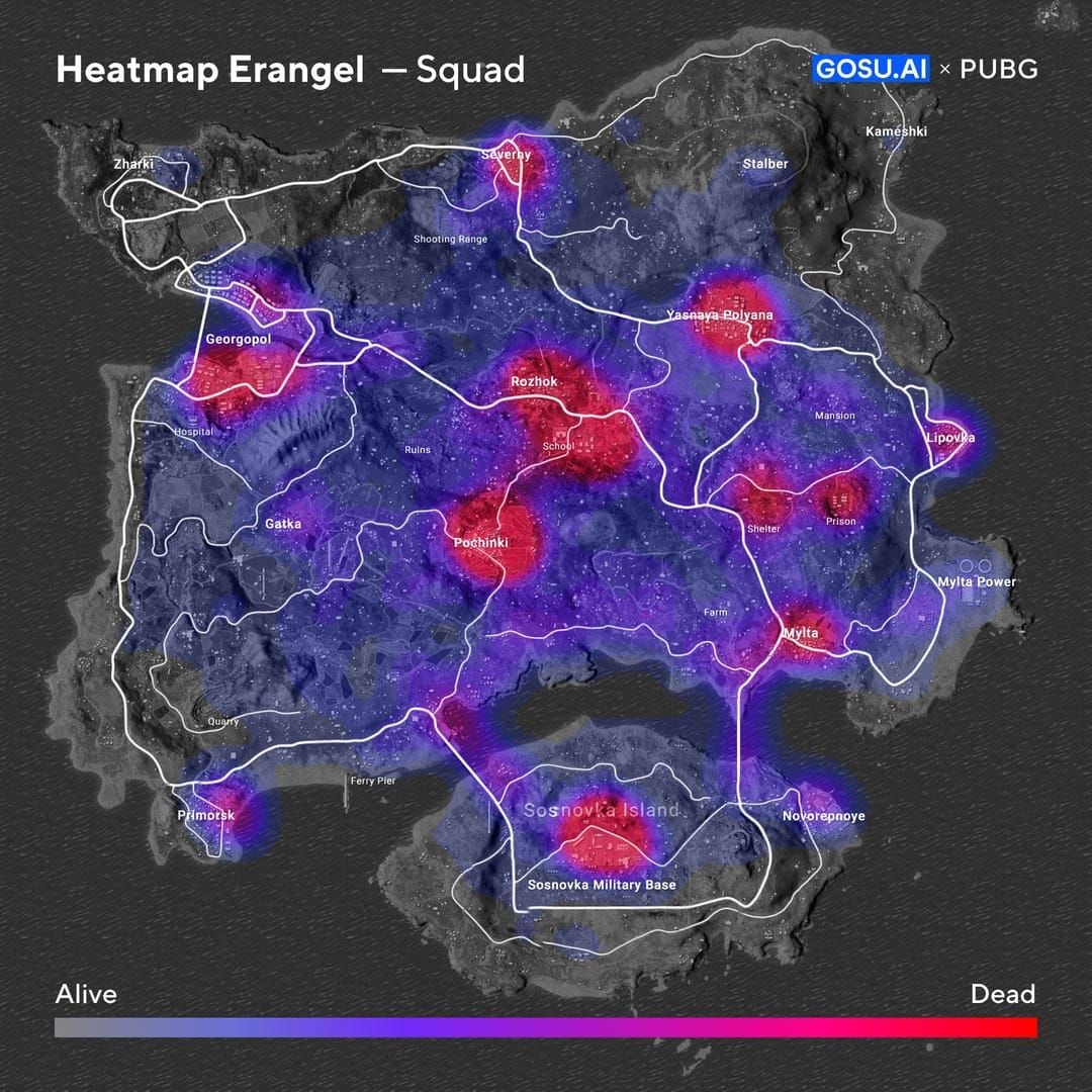 PUBG Mobile Erangel map showing mortar danger zones and safe areas
