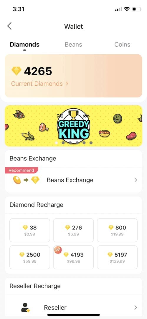 Руководство по обновлению экрана кошелька Bigo Live Diamonds