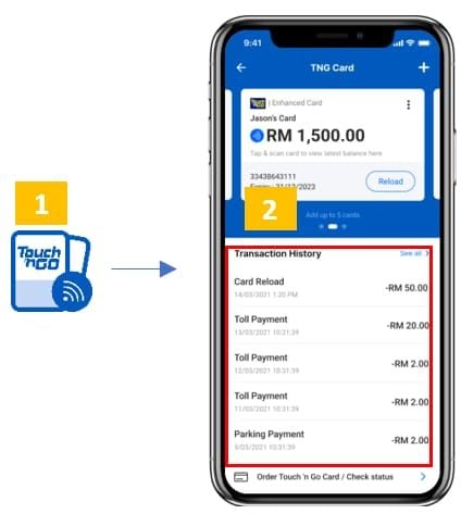 TNG eWallet transaction history screenshot displaying pending Reload Pin entry
