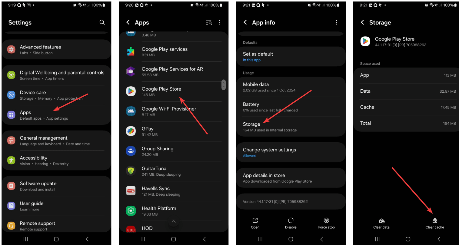 Clear cache Google Play Games interface