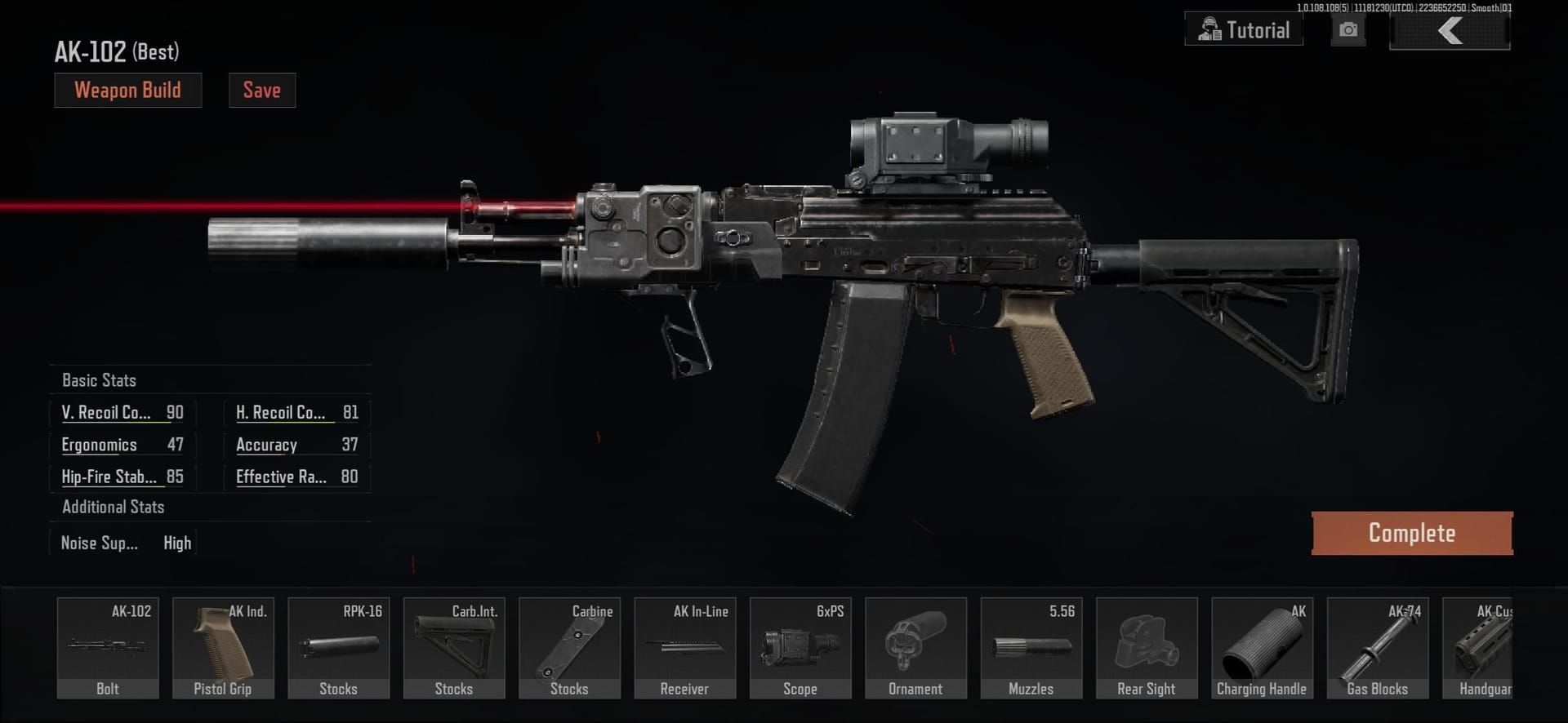 Экран модификации оружия Arena Breakout AK-102, показывающий бюджетные обвесы