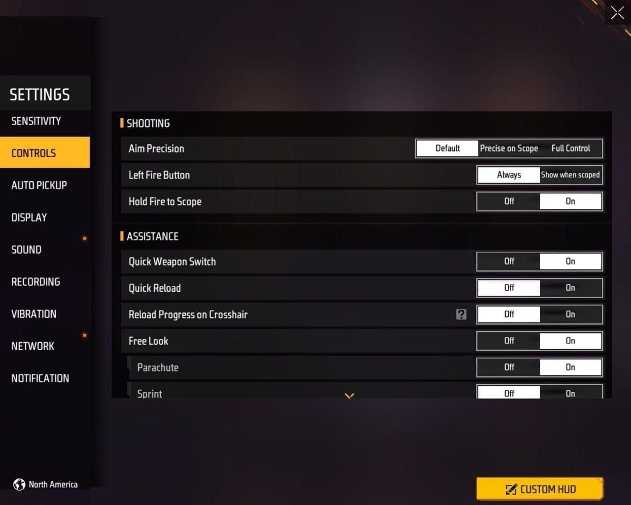 Free Fire game settings interface showing graphics optimization options and repair tools