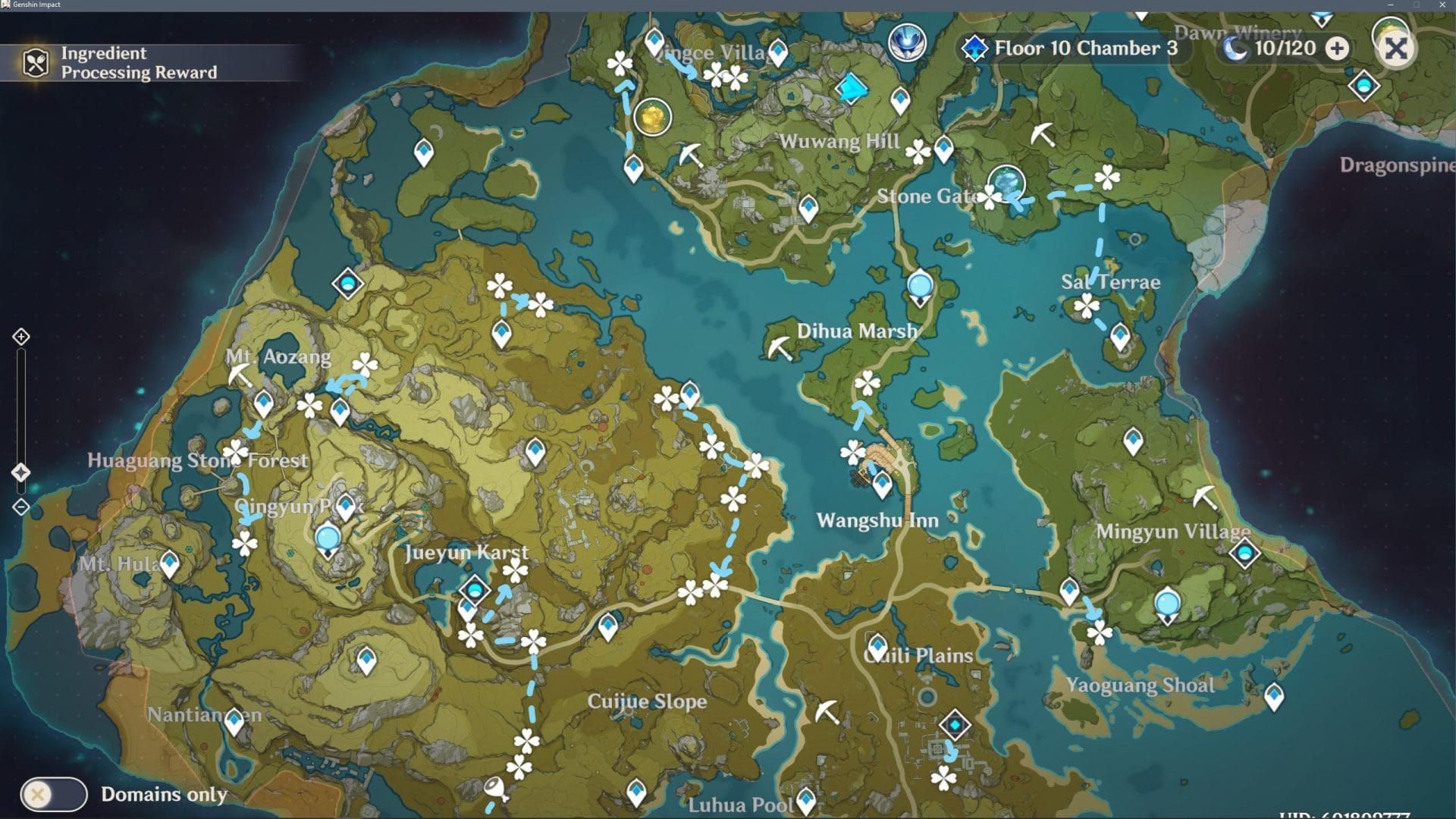 Genshin Impact guide map for daily pre-farming route in Liyue including Glaze Lilies and Fatui enemies