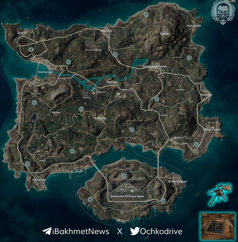 Карта Эрангеля PUBG Mobile с локациями режима PrimeWood Genesis: Мировое Древо, Цветы-Стражи, Рог Скорпиона