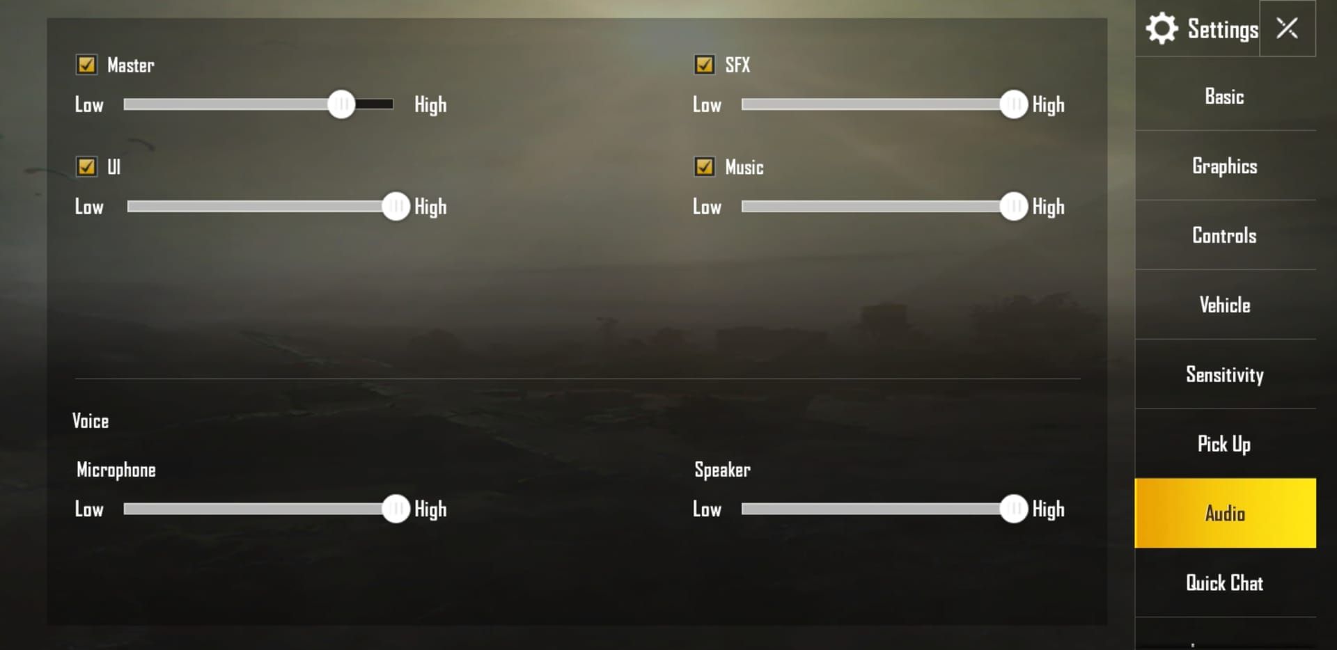 PUBG Mobile audio settings menu with optimal configuration for mortar detection