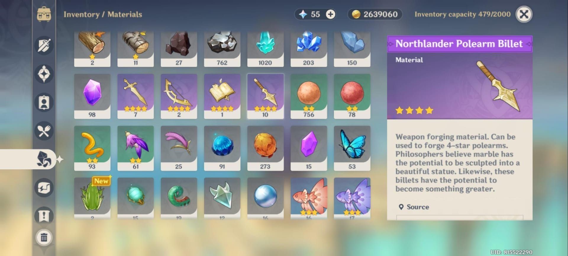 Genshin Impact weapon billets displayed in game inventory interface