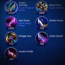 Предметы снаряжения для леса Mobile Legends, показывающие Мачете Хищника и другое основное снаряжение для леса