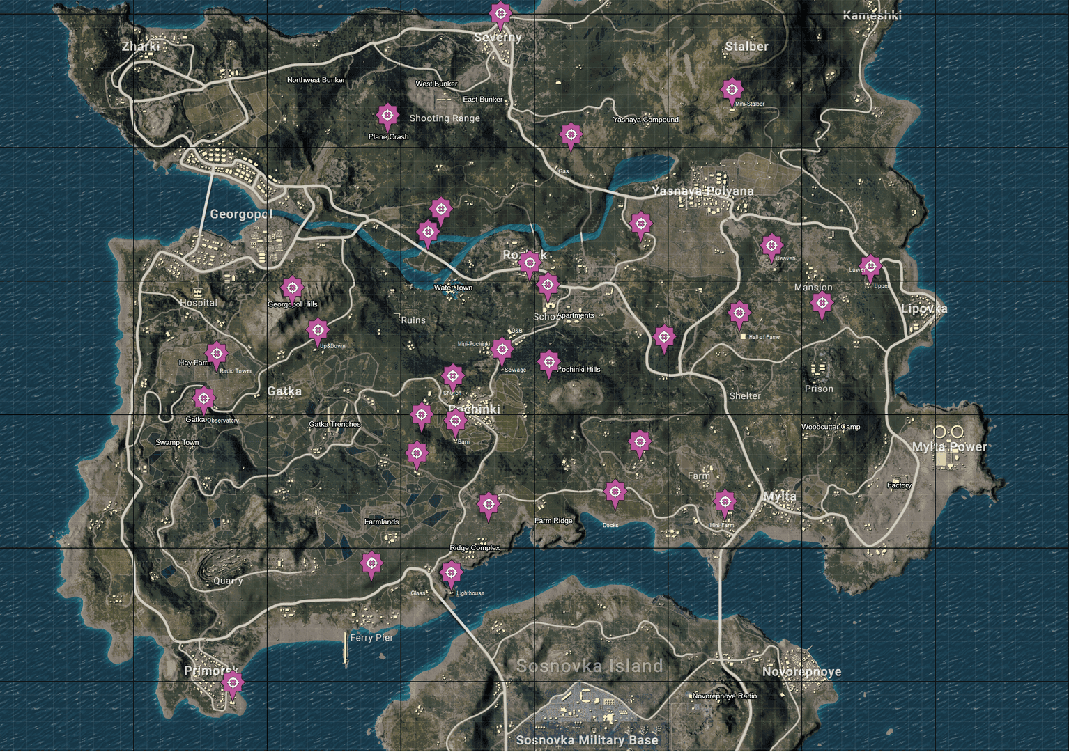Карта Эрангеля в PUBG Mobile, показывающая новую локацию Boatyard между Рожком и Руинами