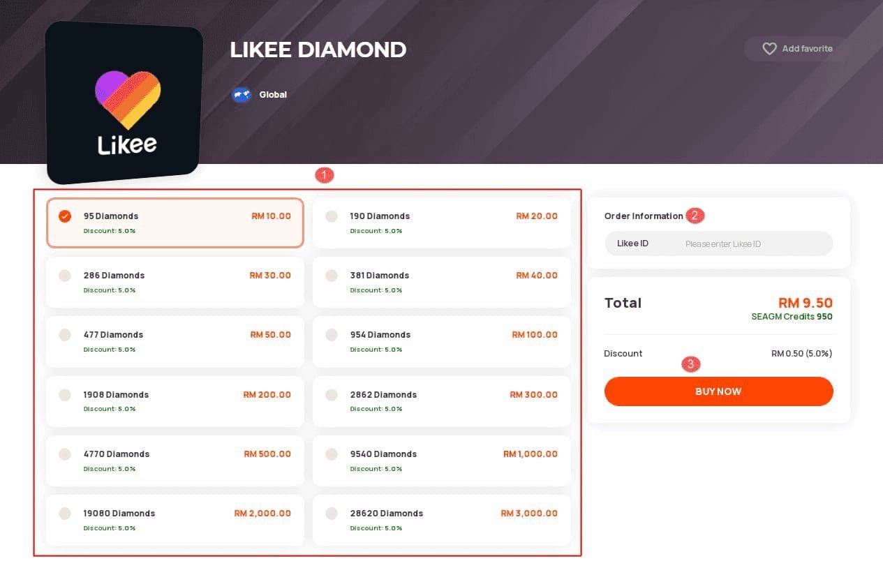 Интерфейс кошелька в приложении Likee с отображением баланса алмазов