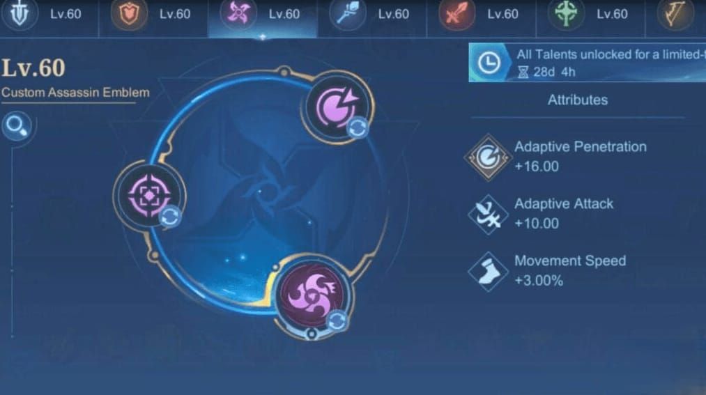 Дерево талантов эмблемы Убийцы Mobile Legends Bang Bang с талантами Мастер-убийца и Жажда крови