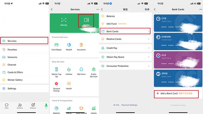 Weixin Pay mobile wallet showing linked global credit card for Chinese app purchases