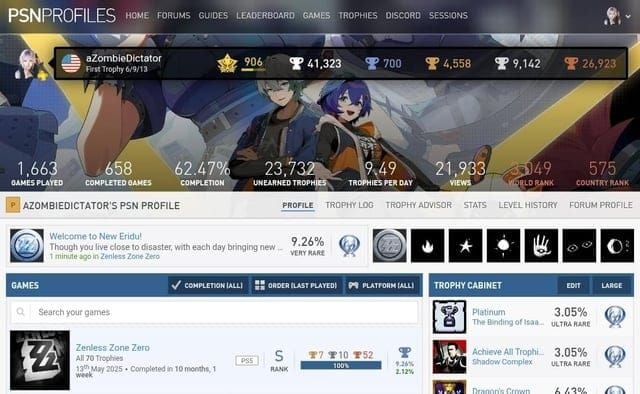Меню трофеев Zenless Zone Zero PlayStation, показывающее категории трофеев Бронза, Серебро, Золото и Платина
