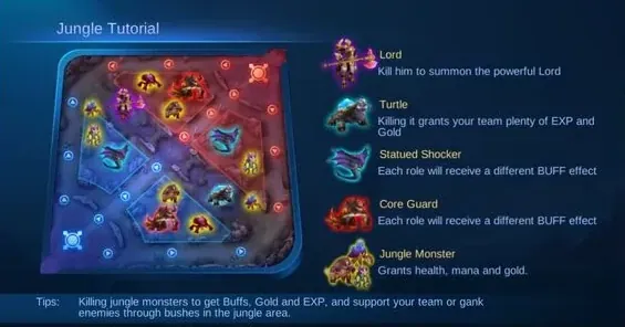 Карта Mobile Legends Bang Bang, показывающая речные области и входы в джунгли, отмеченные как оптимальные места для позиционирования роумера для обнаружения врагов