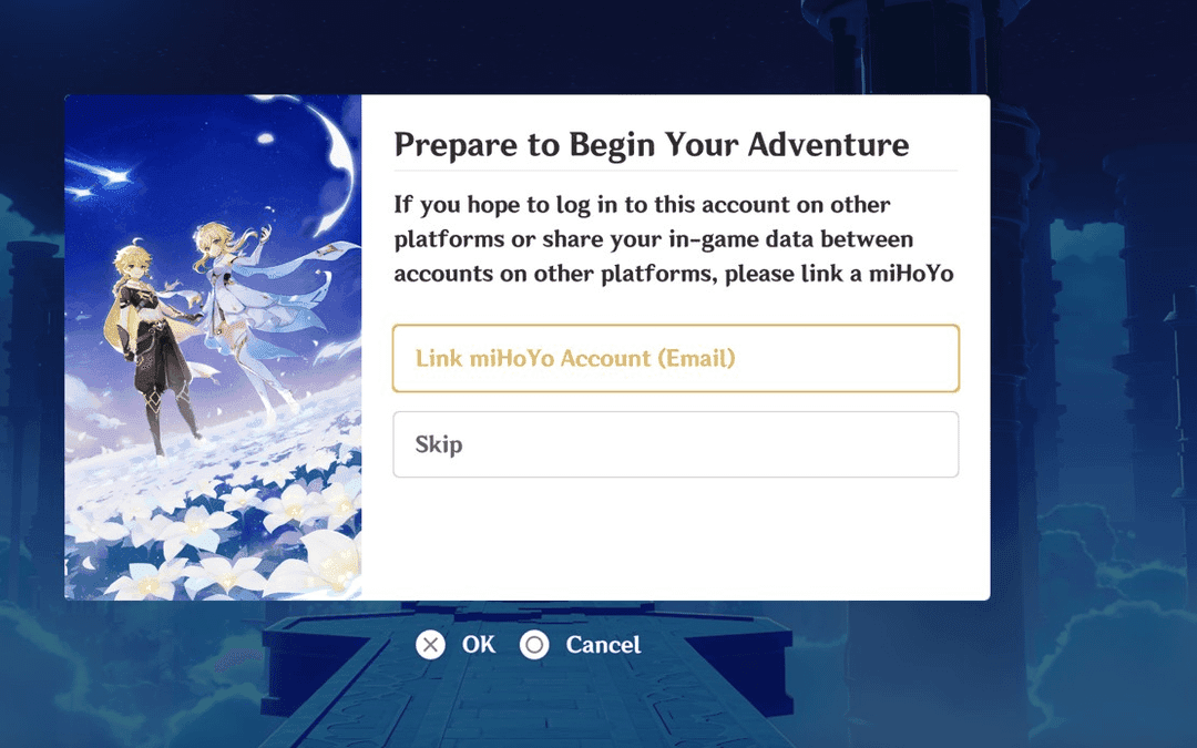 PlayStation first launch popup screen for Genshin Impact showing account linking options