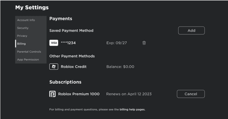 Руководство по интерфейсу Roblox Settings Billing Roblox Credit