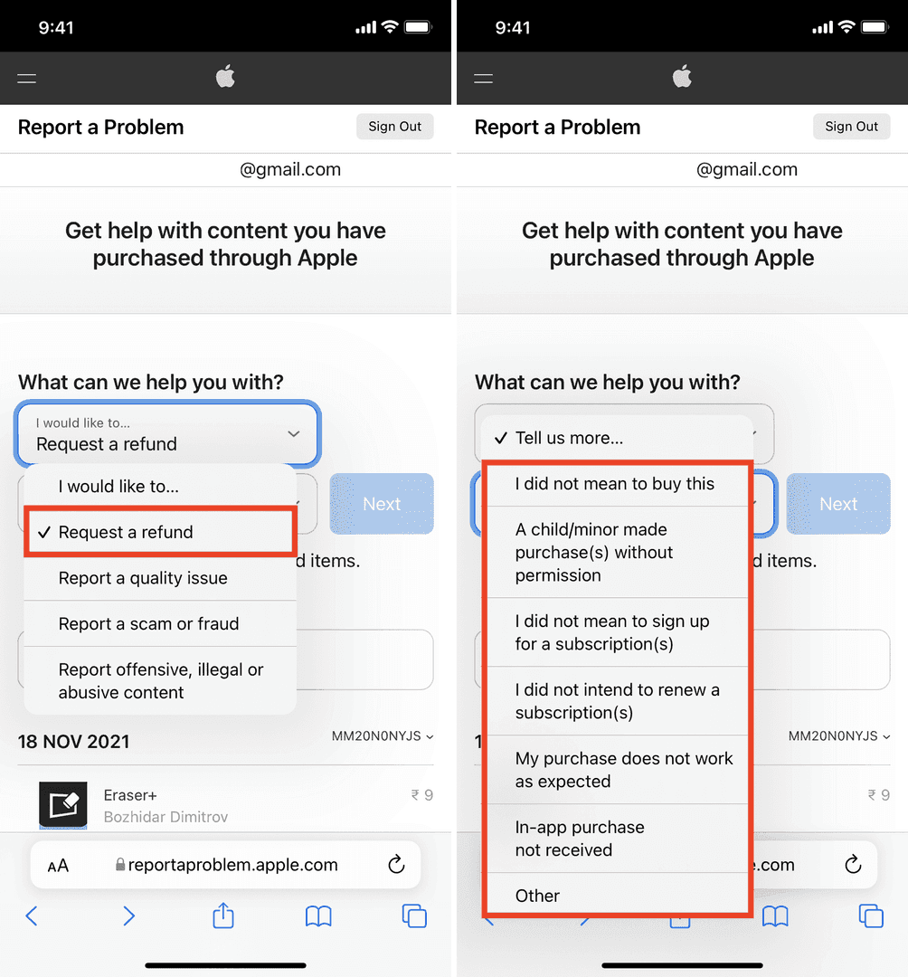 iOS Apple ID purchase history interface showing PUBG Mobile transaction refund options
