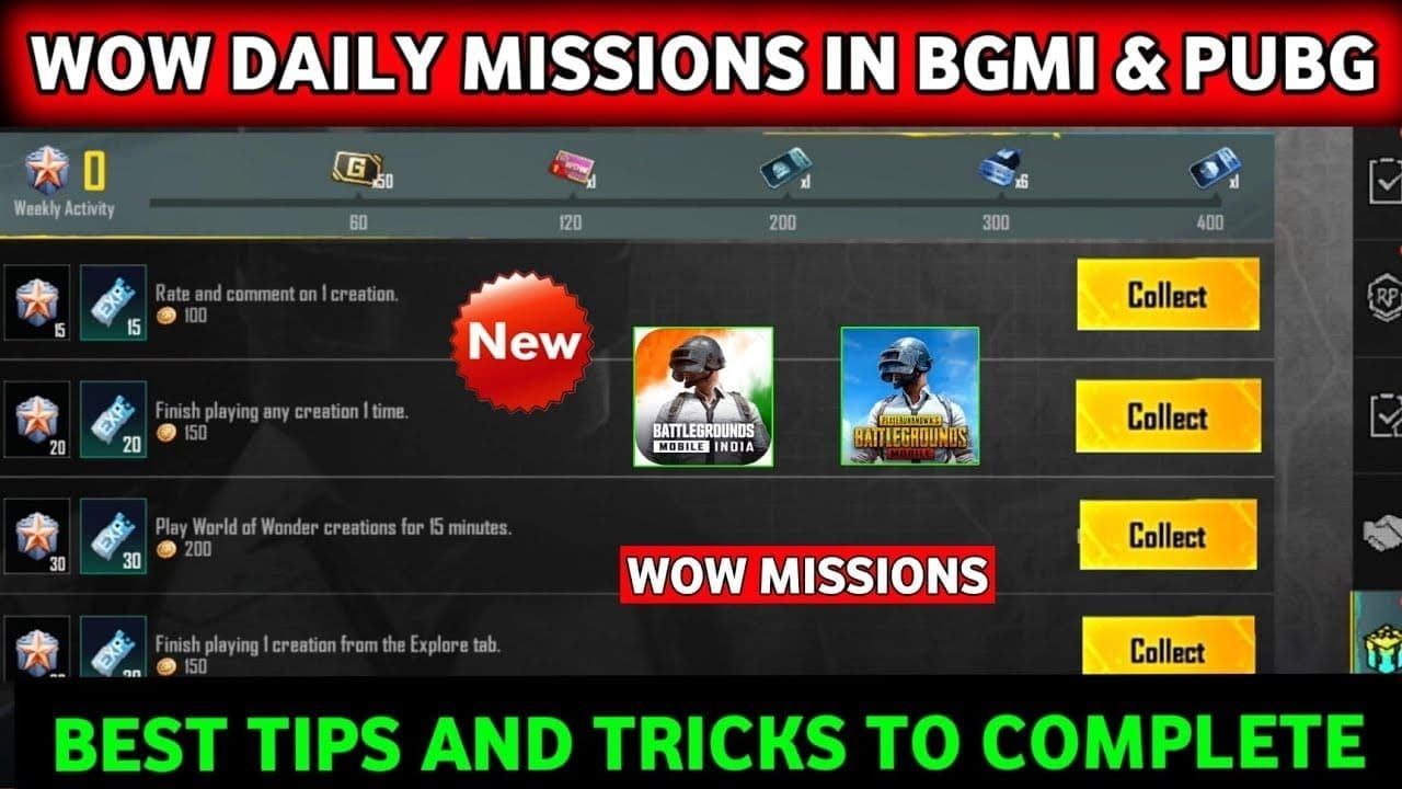 PUBG Mobile daily missions interface showing UC reward opportunities