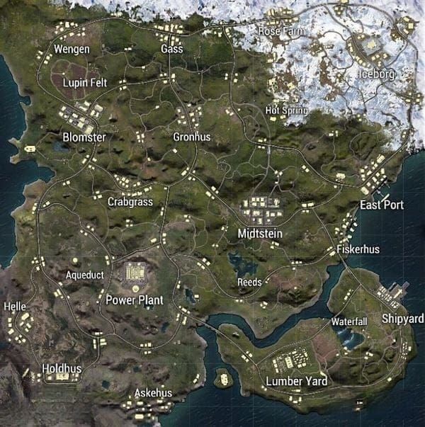 PUBG Mobile Livik map showing arena integration with key tactical locations marked