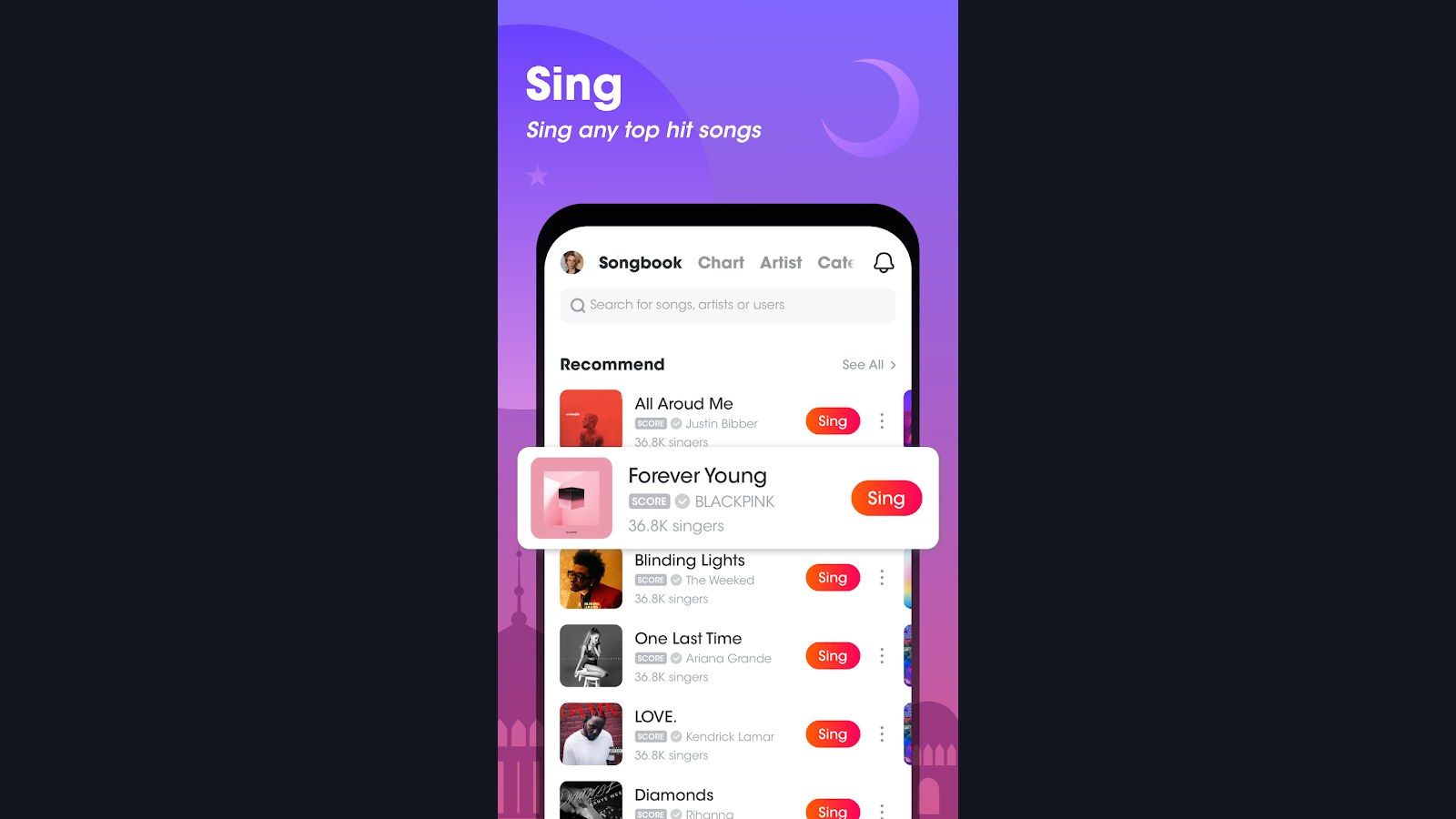 WeSing Songbook with hit tracks and Sing buttons