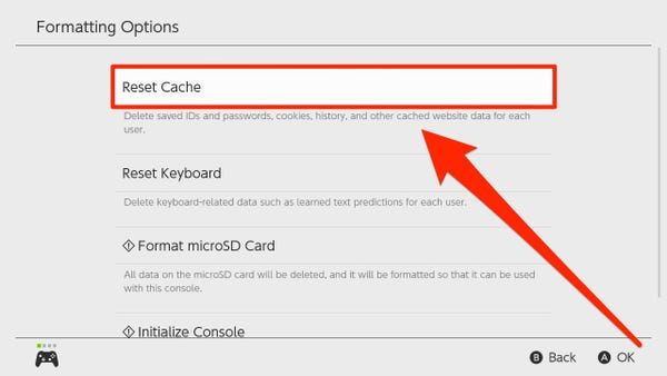 Меню системных настроек Nintendo Switch с опциями очистки кэша и форматирования