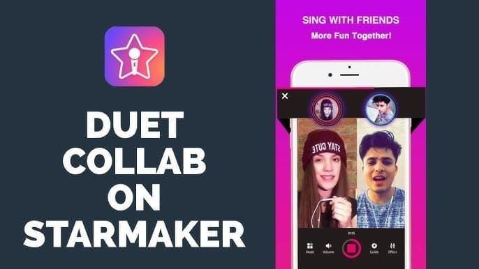 Guide to creating duets in StarMaker, highlighting search and duet button
