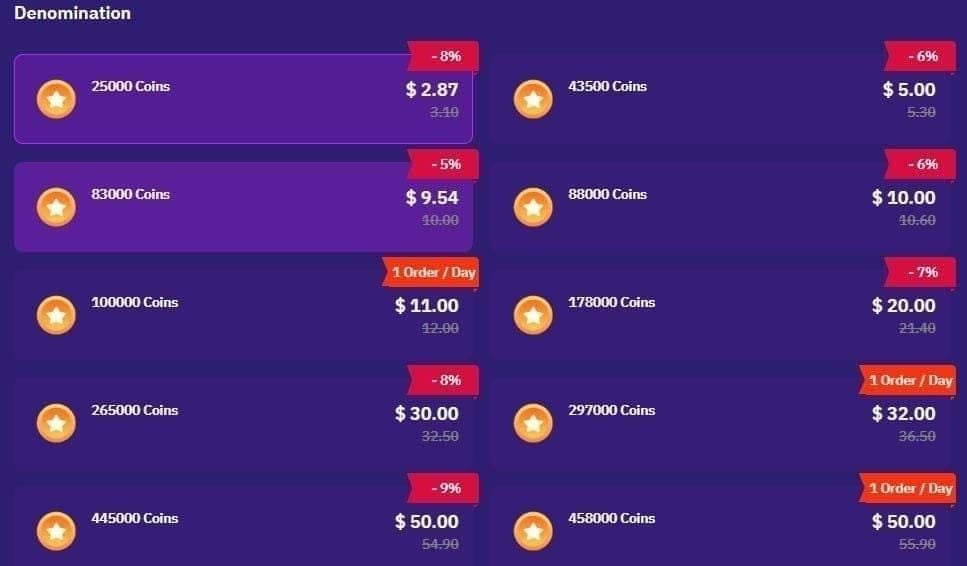 Интерфейс сравнения альтернативных способов оплаты Poppo Live
