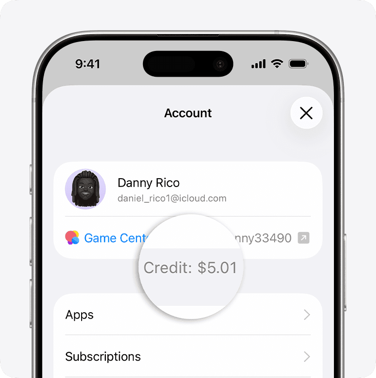 iPhone screenshot of Apple ID Media & Purchases with balance display