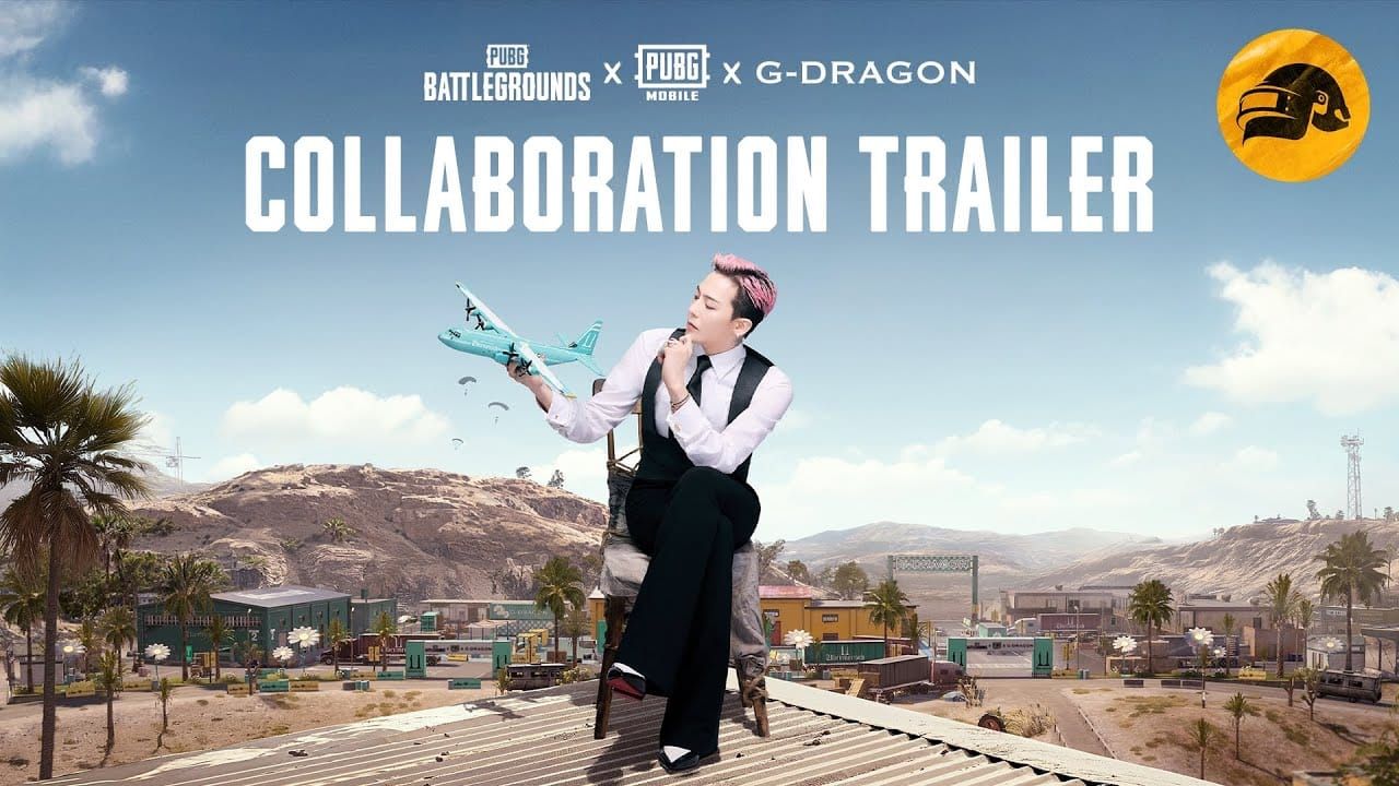 Рекламное изображение коллаборации PUBG Mobile G-DRAGON, показывающее специальные тематические предметы и детали события