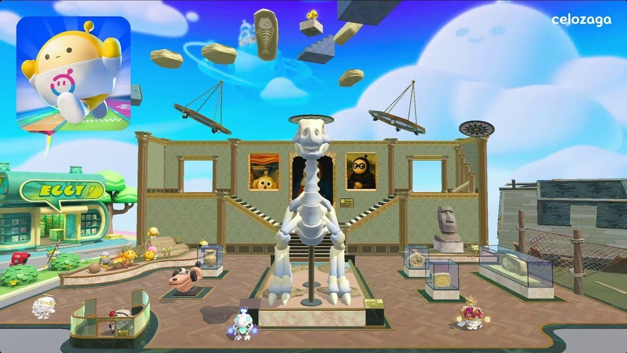 Eggy Party New World Museum visual landmarks screenshot including dragon statue and phoenix mural