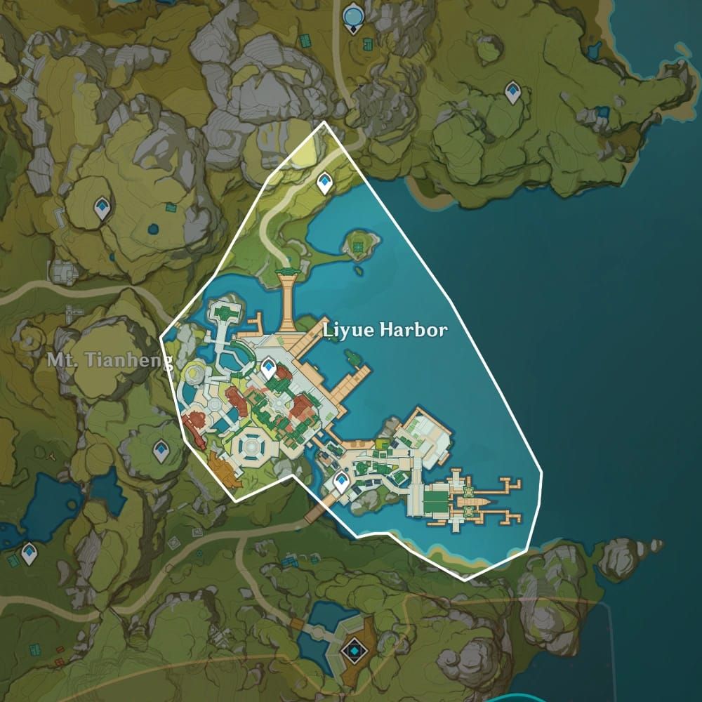Liyue Harbor map highlighting Auspicious Treasure Trees for Lantern Rite Fortune Coins