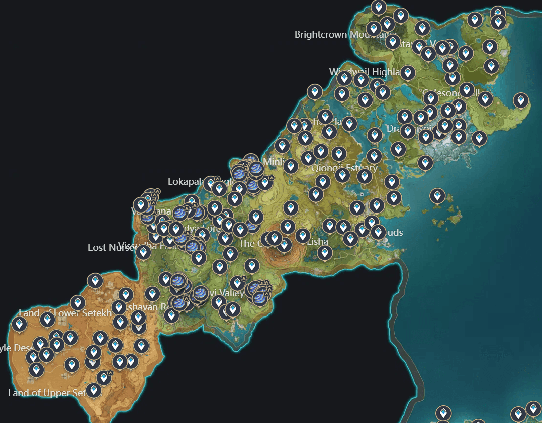 Genshin Impact map with marked Teleport Waypoints for efficient commission routing
