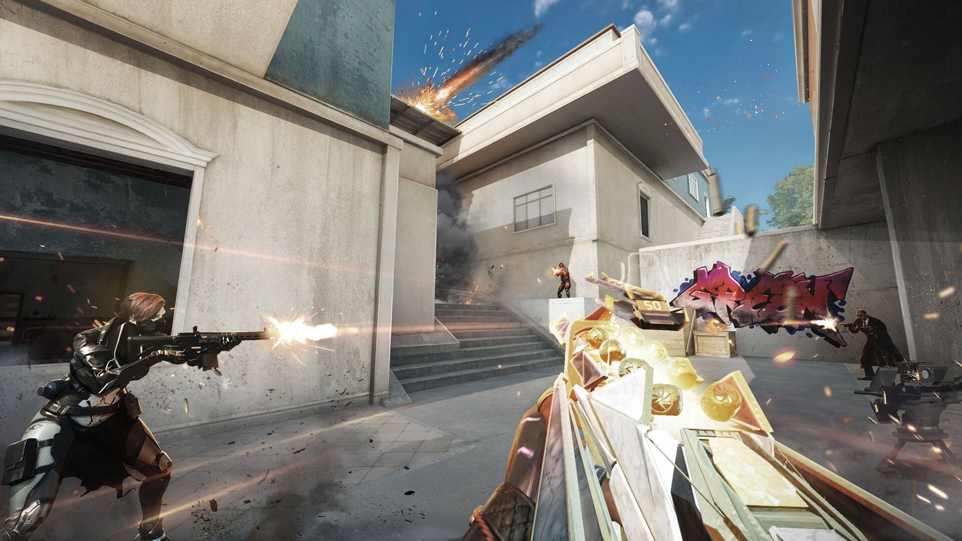 Blood Strike urban firefight with a high-tier weapon skin bought after voucher and pass priorities