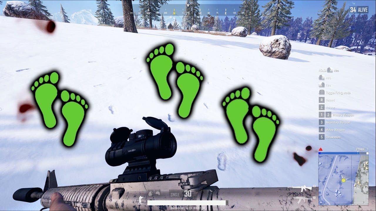 Система отслеживания снежных следов в PUBG Mobile, показывающая пути передвижения врагов