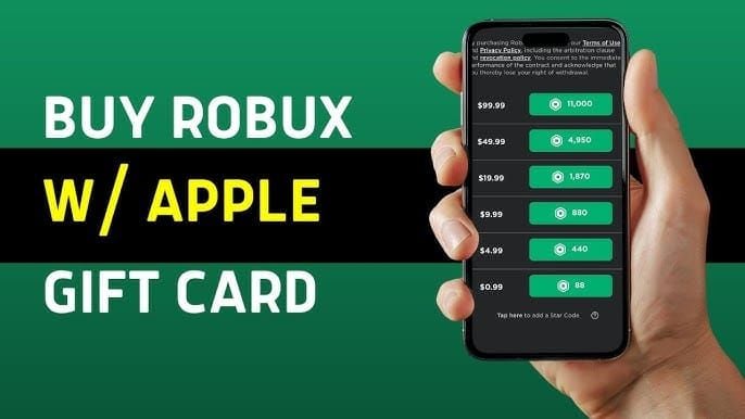 Экран покупки Robux в Roblox с использованием баланса подарочной карты Apple