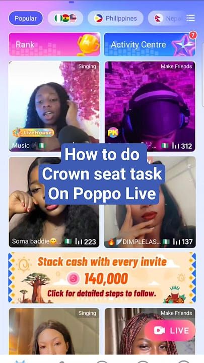 Poppo Live in-game interface showing Crown Seats in live stream or party