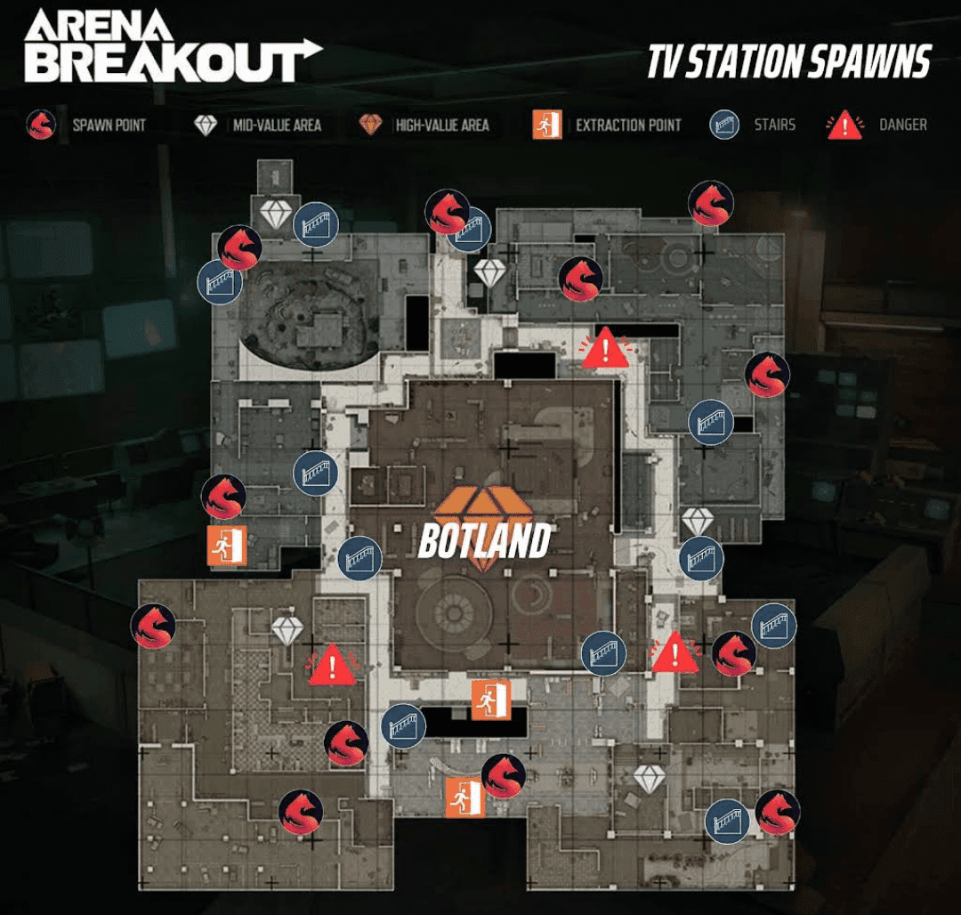 Arena Breakout TV Station map showing close-quarters combat areas