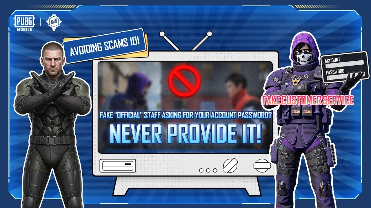 Официальный арт PUBG Mobile Avoiding Scams 101. Никогда не сообщайте пароль лжесотрудникам