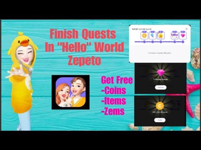 Интерфейс задания Hello World в ZEPETO с наградой в 2000 монет и 3 ZEM