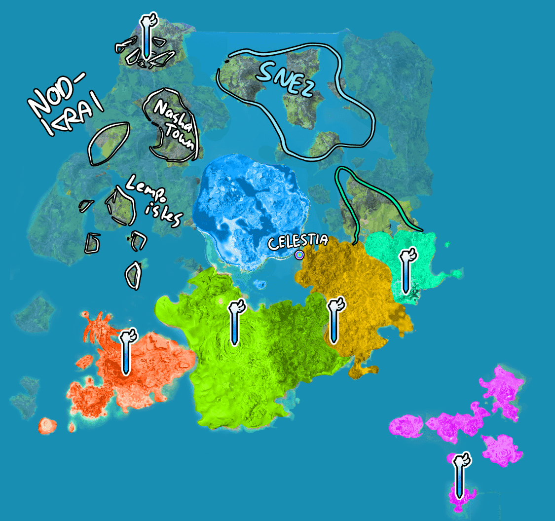 Nod-Krai region map showing Hiisi Island, Paha Island, Lempo Isle, Blue Amber Lake, and Nasha Town locations