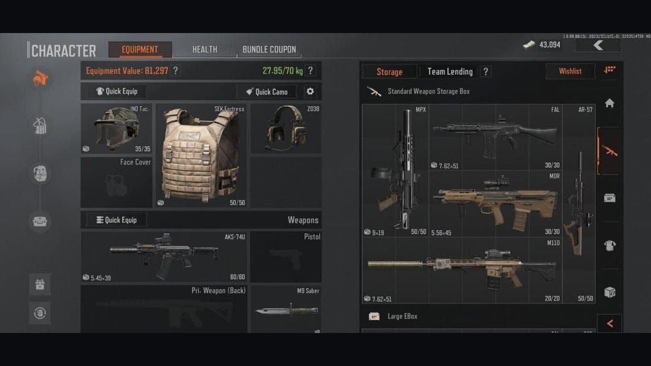 Arena Breakout Mobile character screen with an 81k Koen budget kit