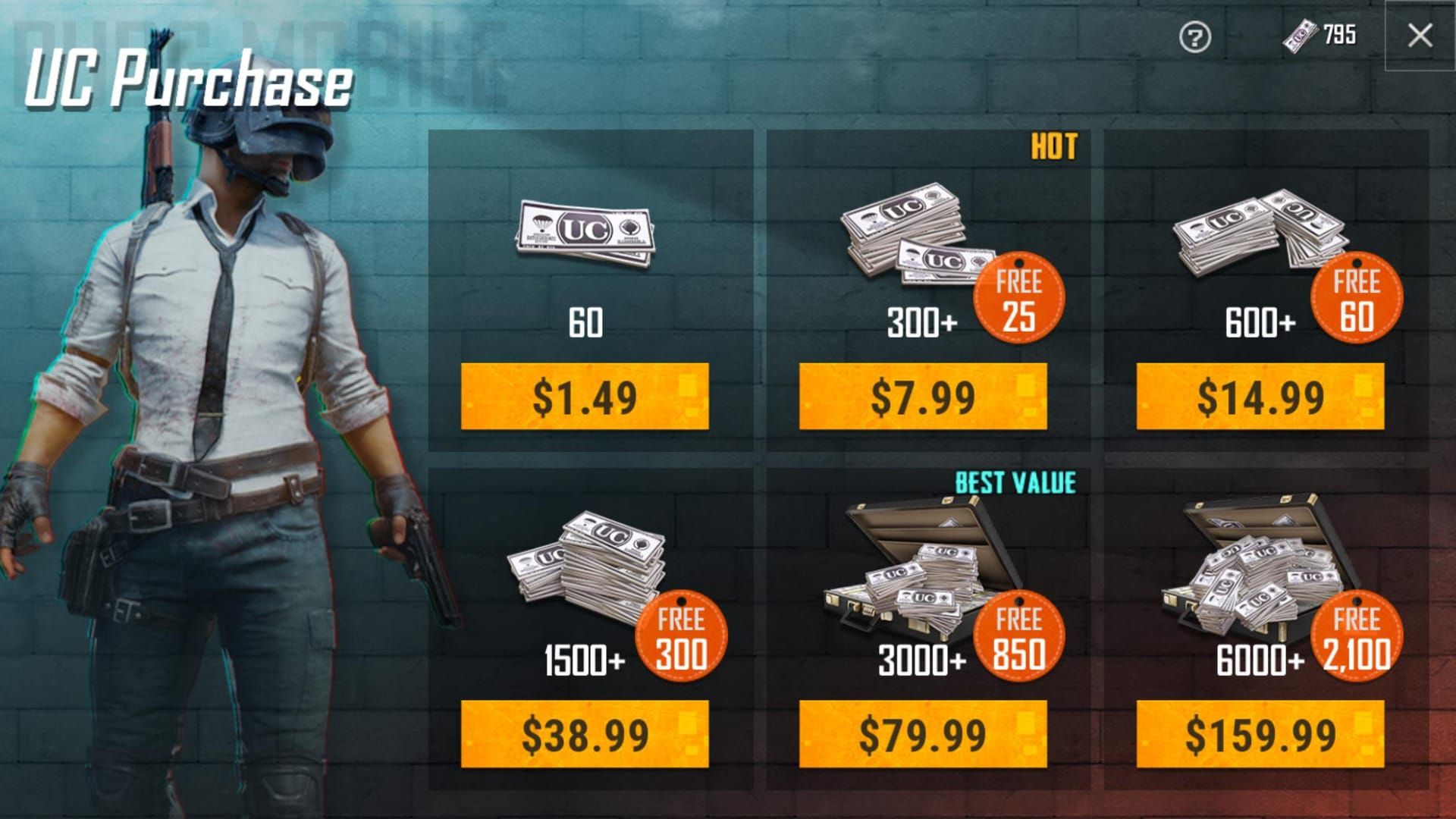 PUBG Mobile official UC purchase packages with different denominations