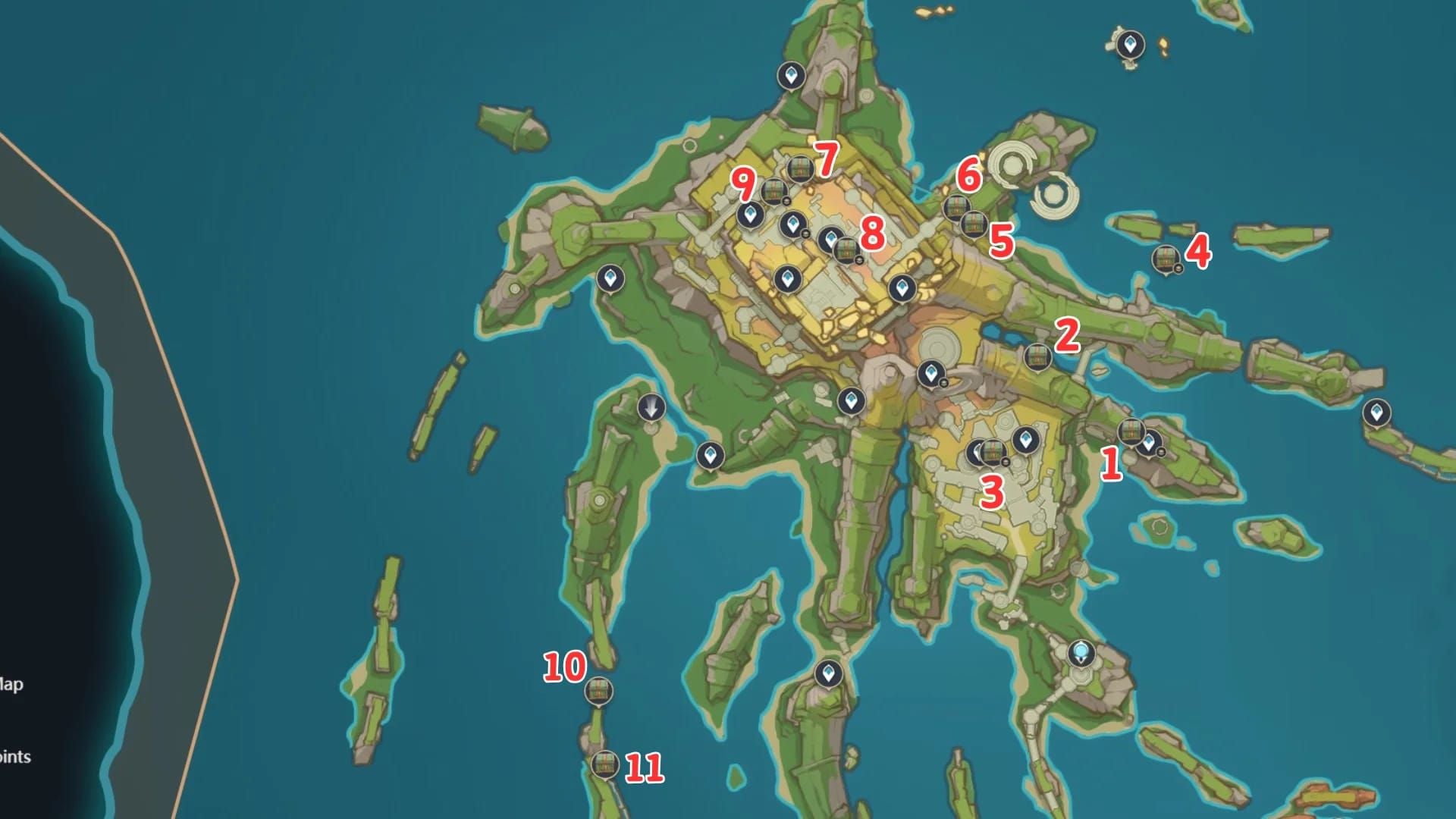 Genshin Impact Ochkanatlan region map highlighting Withering Purpurbloom farming routes