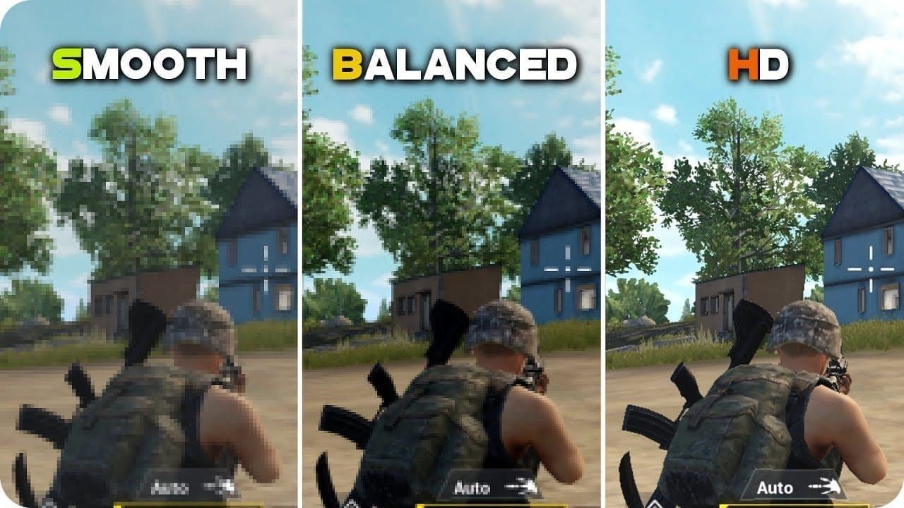 Сравнение графических пресетов PUBG Mobile: «Сглаженно» (120 FPS) против «Сбалансировано» против HD, показывающее различия в производительности и визуальных эффектах