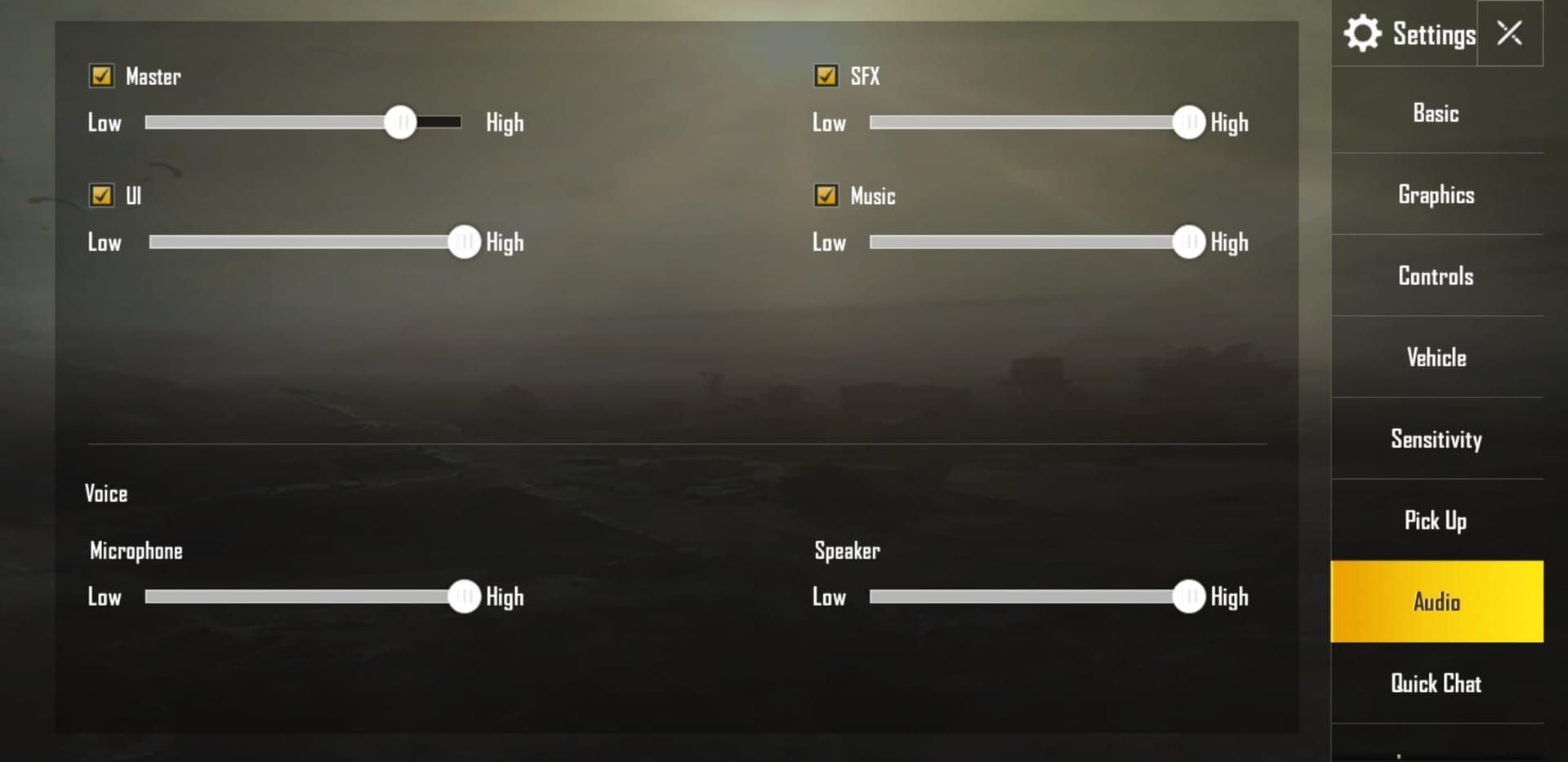 PUBG Mobile audio settings menu displaying 3D Sound and sound quality options