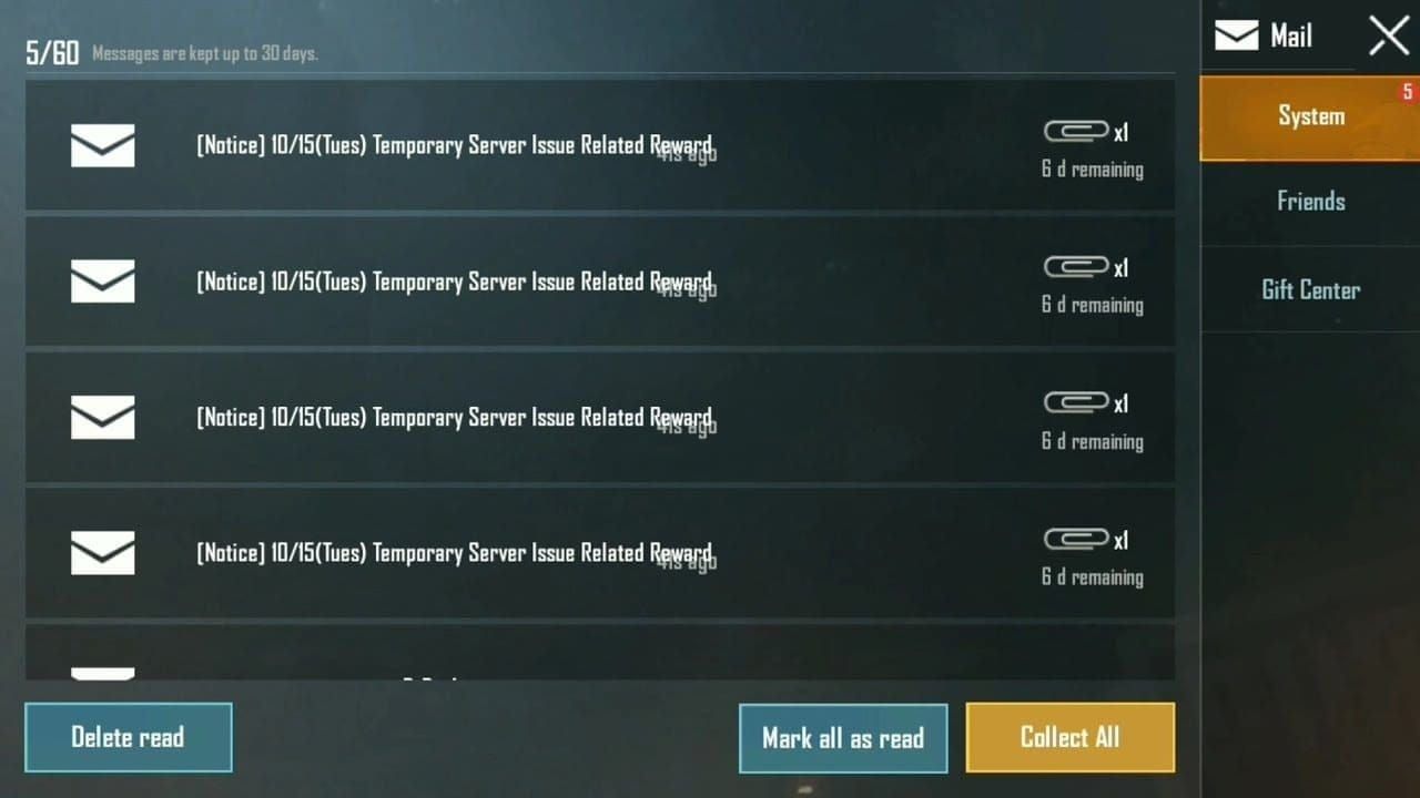 PUBG Mobile in-game mail screen with redeem code rewards