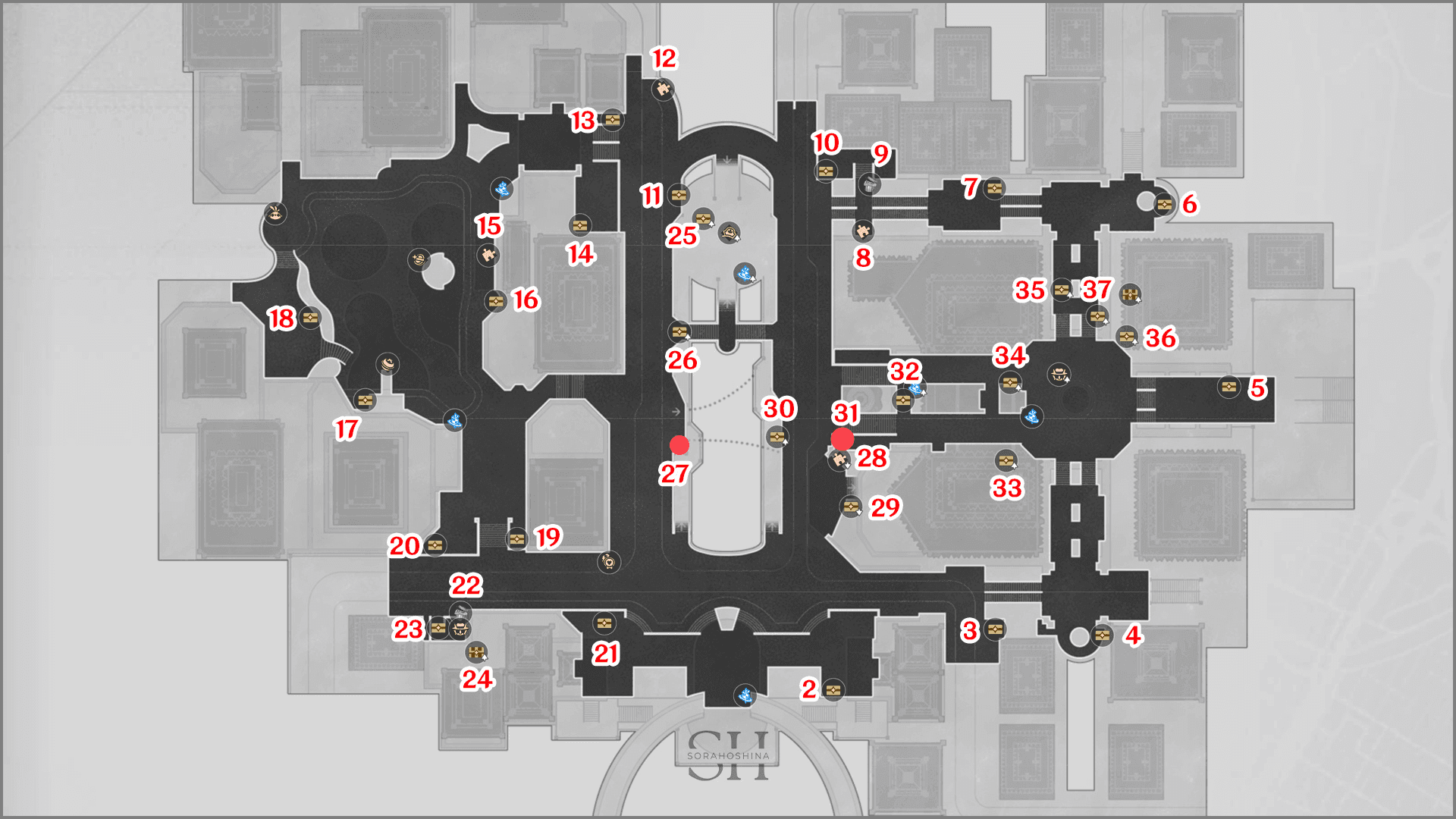 Penacony Golden Hour district map showing hidden quest trigger locations in Honkai Star Rail